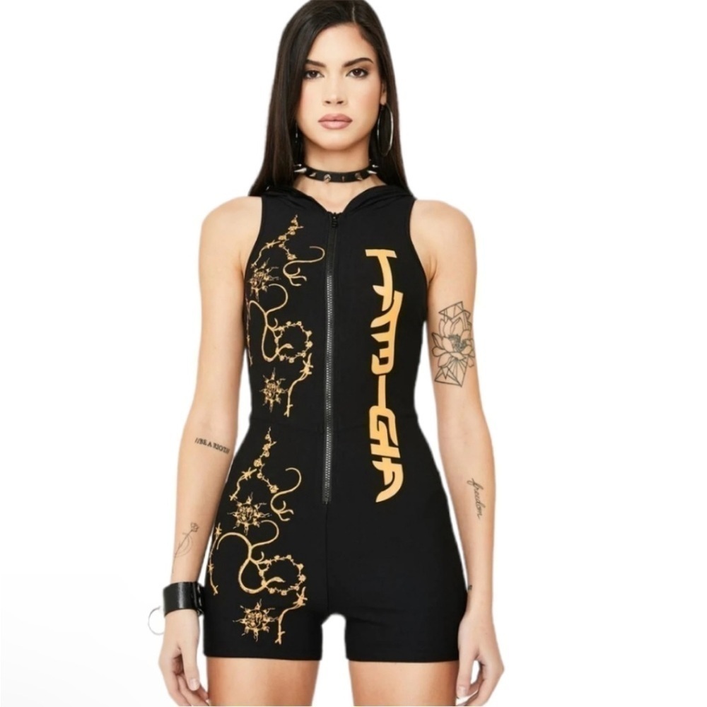 Black & Gold Graphic Zip-Up Sleeveless Romper